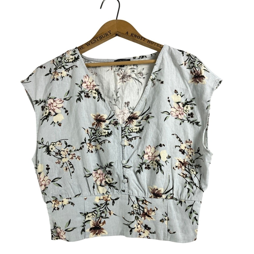 Womens Floral Linen Blend V-Neck Button Front Smocked Crop Top Blue M - Picture 2 of 8